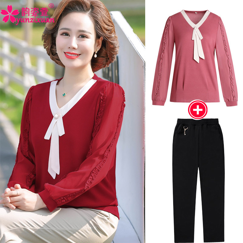 妈妈秋装套装长袖打底衫2021早春新款中年女装洋气上衣中老年t恤