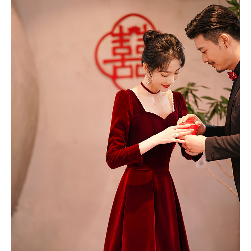 敬酒服新娘结婚2021新款秋冬在逃公主酒红色小礼服连衣裙平时可穿