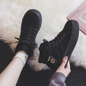 人本高帮帆布鞋 子 女冬加绒百搭加厚黑色冬鞋 女2024秋冬新款 二棉鞋