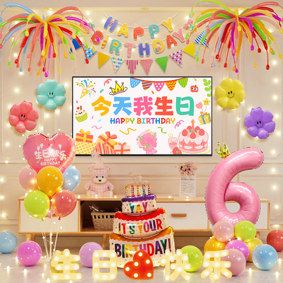 6岁女孩生日快乐场景布置装饰儿童气球派对仪式感电视投屏背景墙