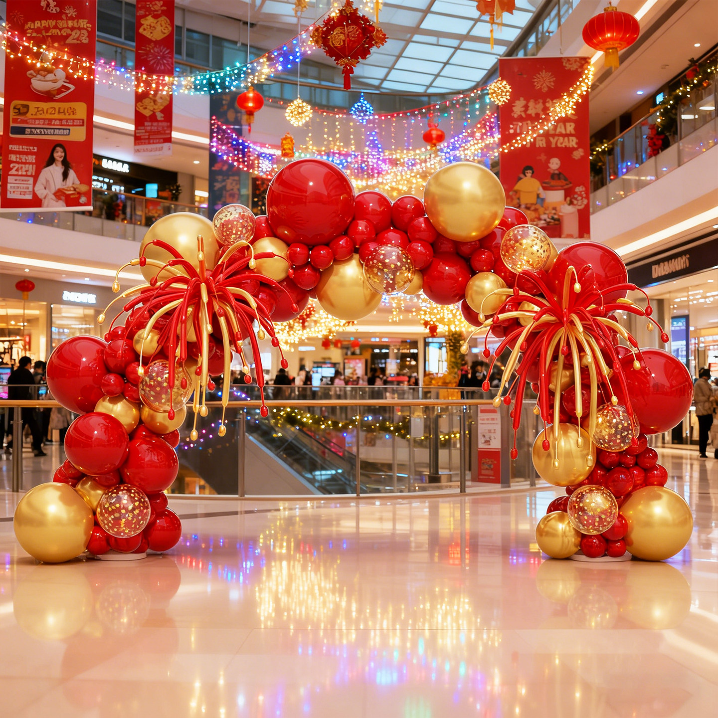 马新年春节气球拱门氛围装饰品学校开学商场店铺门口活动场景布置