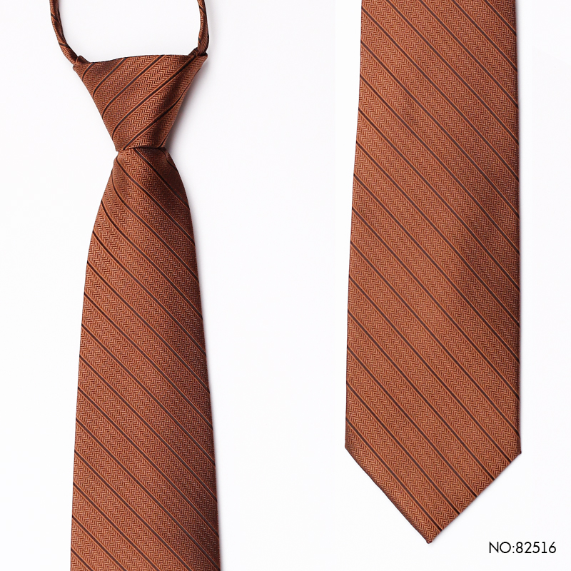 PAOLUVERN保罗领带黄棕色条纹免打结婚懒人男士8cm商务正装拉链款