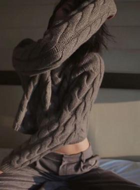 100%纯山羊绒毛衣女短款刘雯明星同款加厚高腰麻花套头针织打底衫