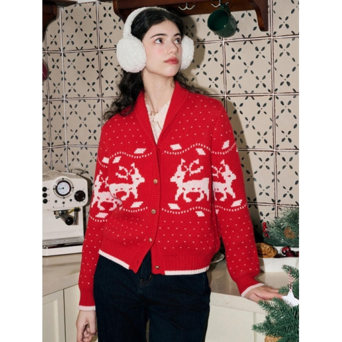 100%山羊绒开衫女麋鹿提花加厚