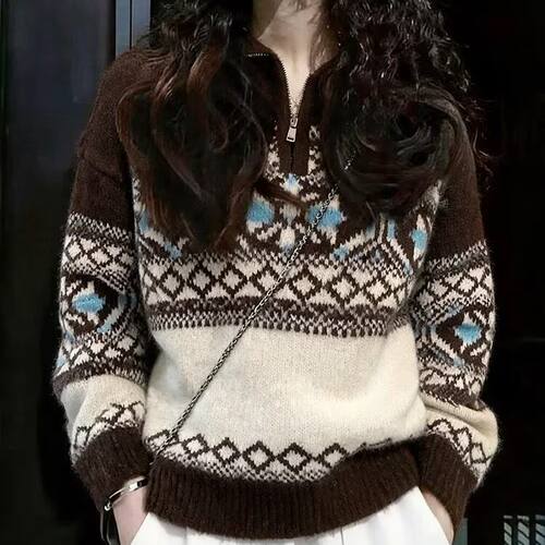100%山羊绒毛衣女加厚复古费尔岛2026秋冬新款提花拼色针织打底衫