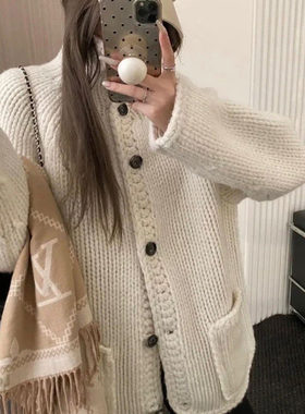 重工加厚100%纯山羊绒开衫女2025秋冬新款宽松大码针织毛衣外套