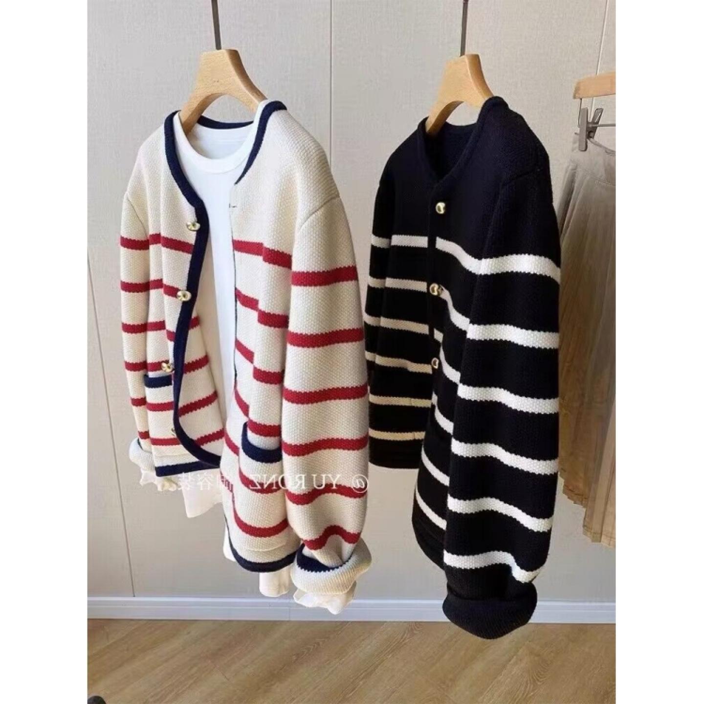 100%纯山羊绒开衫女小香风撞色