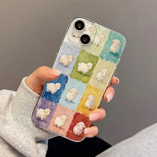 油画小羊适用苹果17手机壳透明防摔保护套iPhone16卡通可爱女全包高级OPPO小米17软硅胶透明华为荣耀软壳