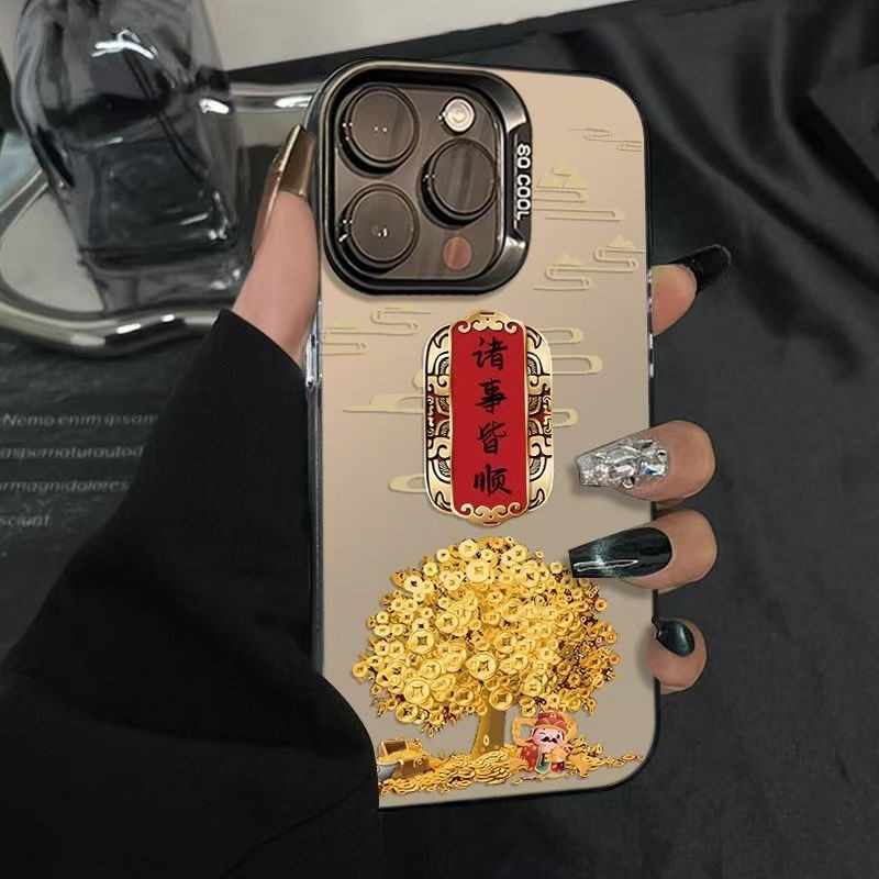 黄金树适用于苹果17适用于华为适用于小米适用于红米k100promax适用于iphone镜头大孔加高卡通彩银手机壳
