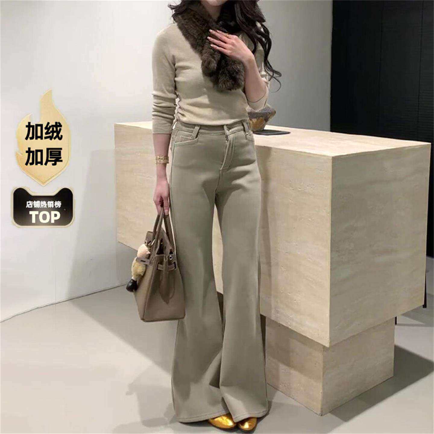 卡其灰不贴腿直筒微喇牛仔裤女春秋通勤风喇叭裤高腰显瘦洋气九分