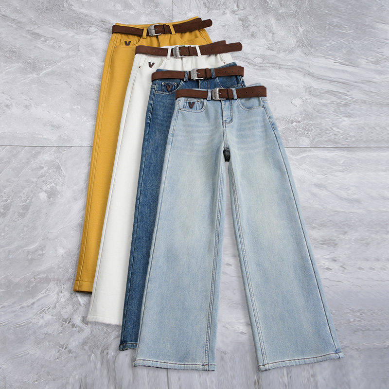 浅色时尚牛仔窄版直筒裤女宽松高腰显瘦百搭秋冬加绒加厚阔腿休闲