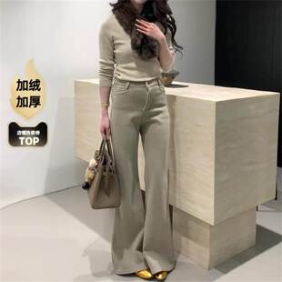 卡其灰不贴腿直筒微喇牛仔裤女秋冬通勤风加绒加厚喇叭裤高腰九分