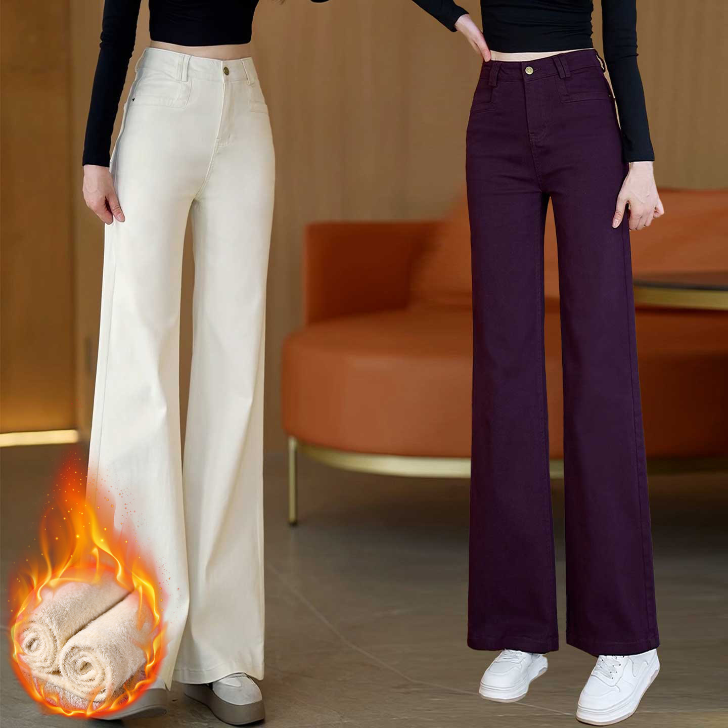 春秋新款加绒牛仔筒喇裤女天丝棉弹力九分休闲直筒高腰显瘦微喇裤