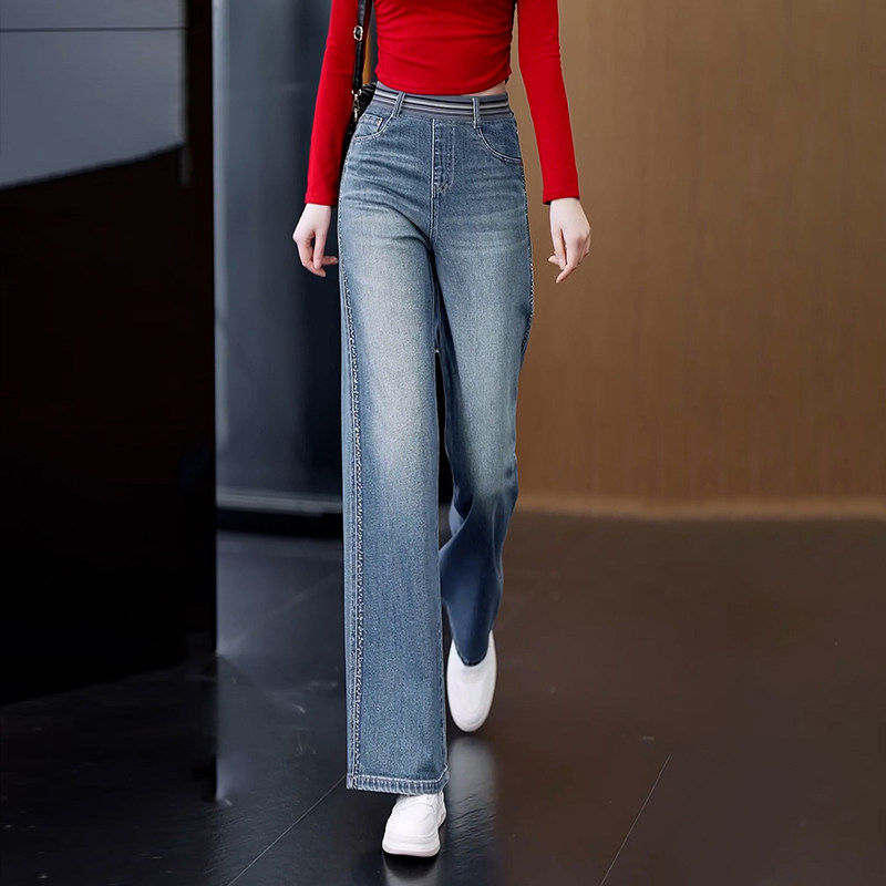 松紧腰刺绣烫钻直筒牛仔裤女宽松显瘦春秋2026年新款百搭阔腿裤子