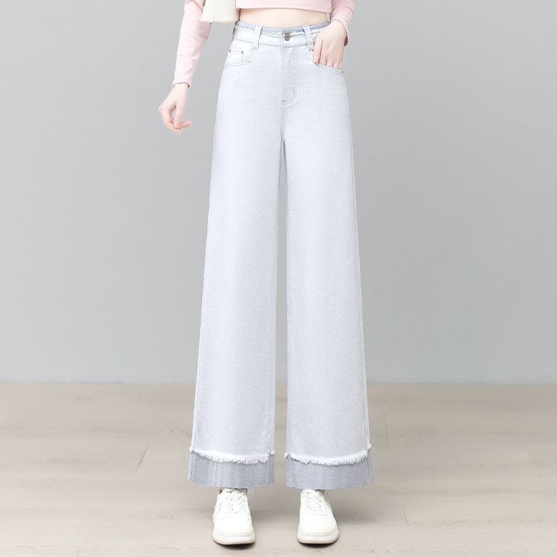 水洗棉牛仔窄版直筒裤女2026春秋新款九分裤高腰显瘦毛边阔腿裤