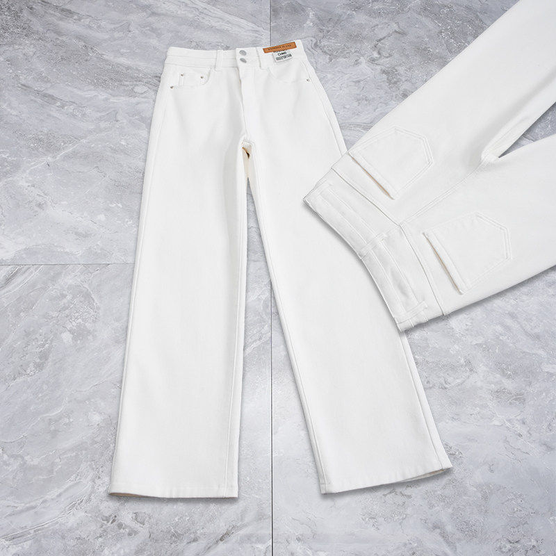 白色水洗棉窄版直筒牛仔裤女宽松显瘦春秋高腰垂顺百搭阔腿休闲裤