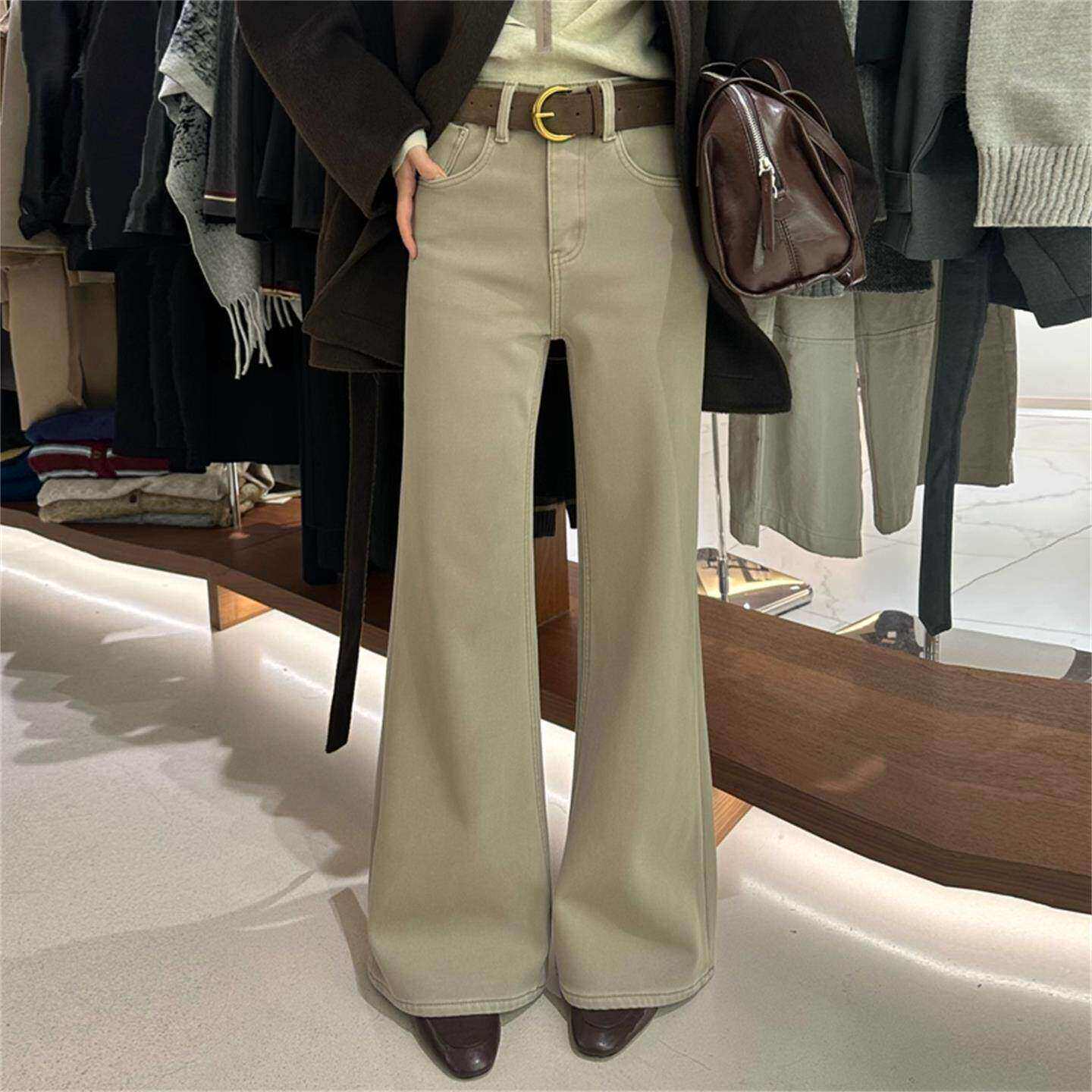 不贴腿直筒微喇牛仔裤女春秋新款奶茶色弹力喇叭裤高腰垂感拖地裤