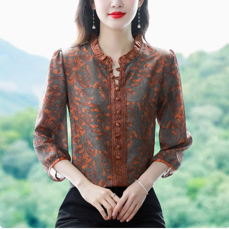 专柜正品早春真丝衬衫女木耳边胖mm遮肚上衣贵夫人桑蚕丝大码衬衣