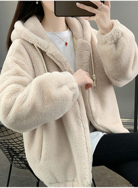 跨境冬仿懒兔毛皮草女中长款宽松加厚羊羔毛大衣连帽毛毛绒外套