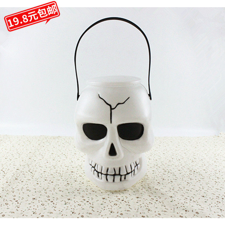 万圣节发光手提南瓜桶闪光骷髅灯恐怖人头骷髅头灯提桶鬼节装饰灯