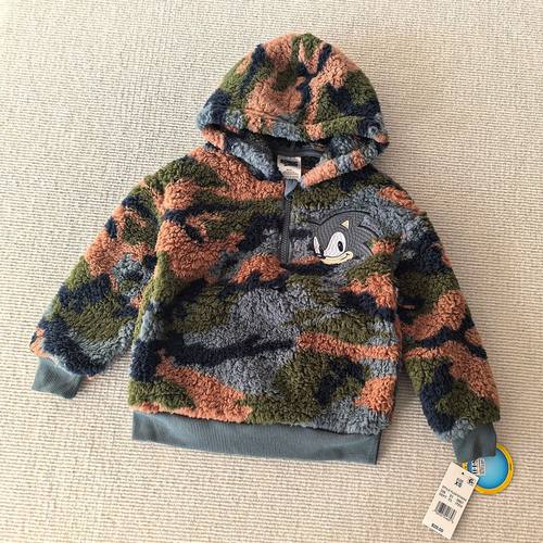 100-160码~外贸Y单冬装男童装 柔软毛绒连帽半拉链卡通卫衣