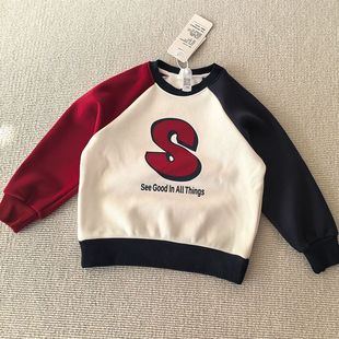 柔软弹力厚实奥利绒字母拼袖 110 男童装 冬装 休闲卫衣 150码