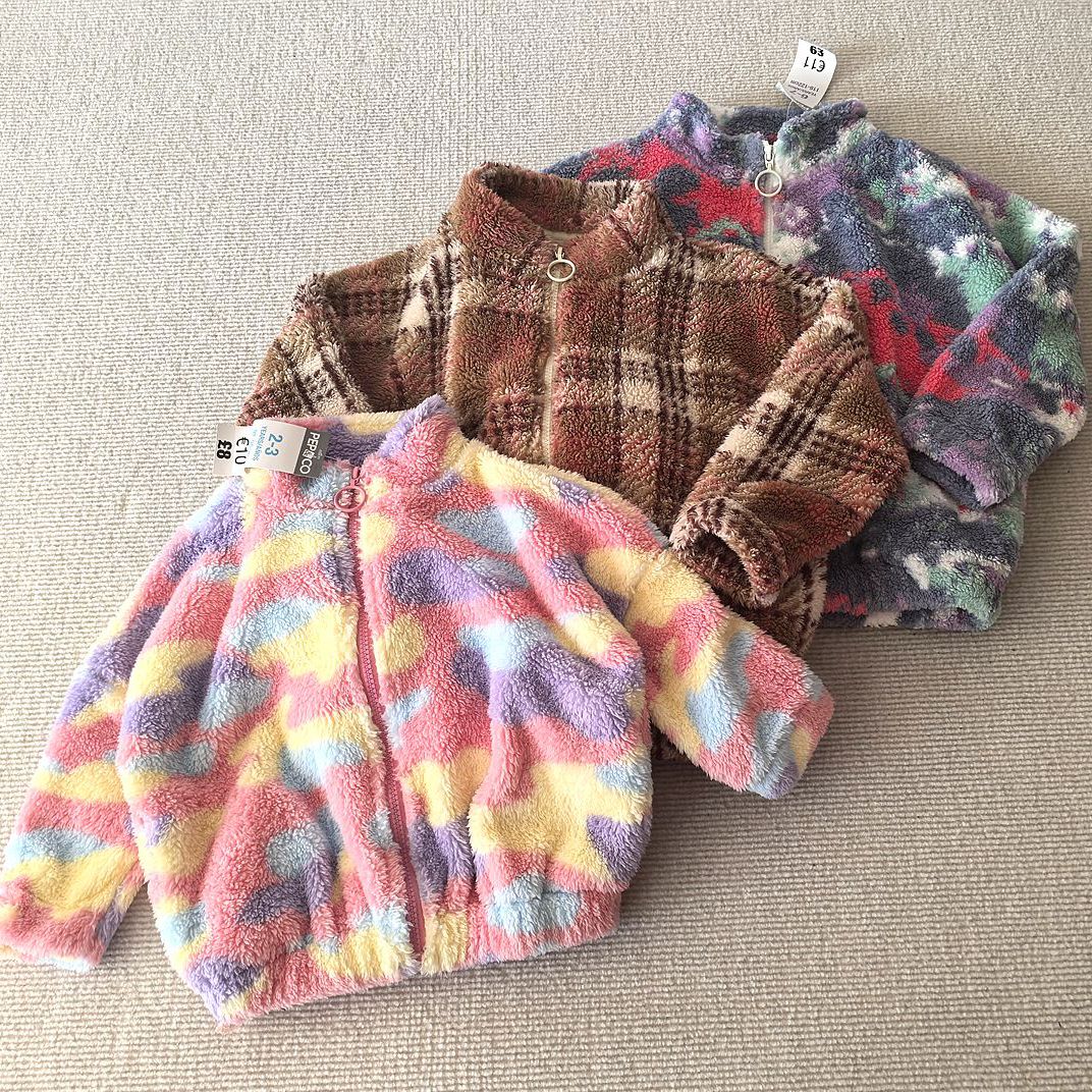 2-13岁~外贸Y单秋冬装女童装 柔软毛绒立领拉链口袋休闲外套