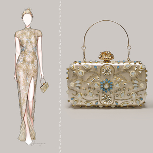 优雅旗袍礼服搭配 晚宴包精致珠绣手拿包包女可放大屏手机小方包