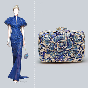 轻奢晚宴手拿包旗袍礼服搭配 小包包女蓝玫瑰满钻手包迷你宴会包