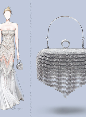 流苏水钻包银色晚礼服宴会手拿包镶钻包包高级名媛质感手提晚宴包