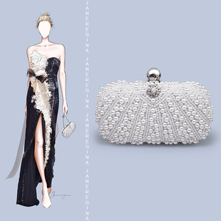 白色晚宴包高级感订婚手包女旗袍礼服手拿包气质名媛宴会珍珠包包