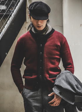 ATTRACTIONS LOT.362日产英国复古青果领拼色开衫羊毛衫休闲秋冬