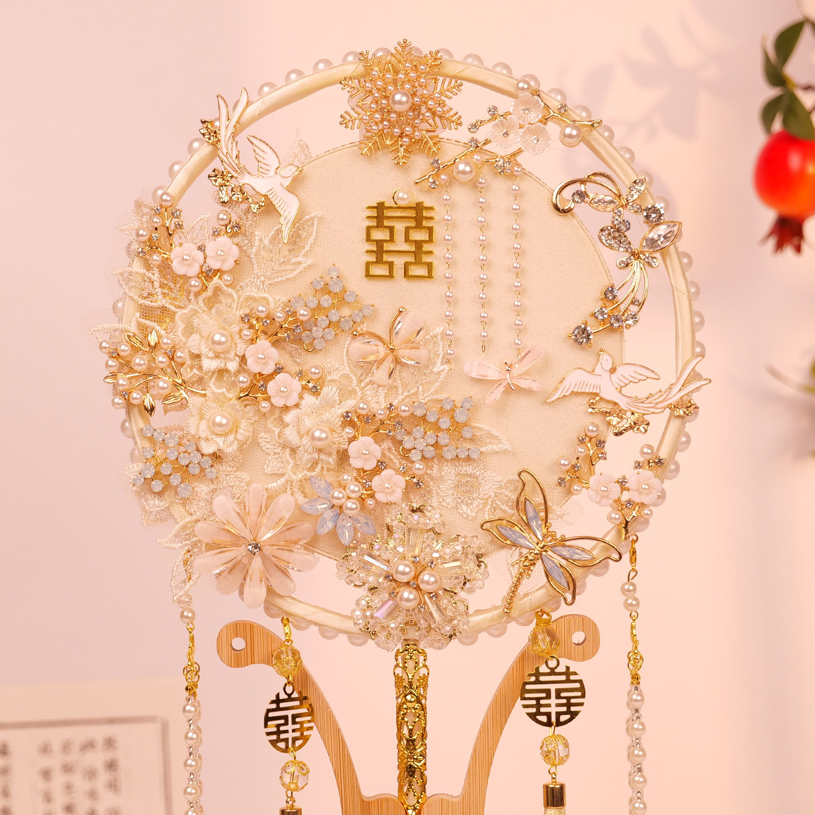 双面手工团扇扇架礼盒送结婚闺蜜