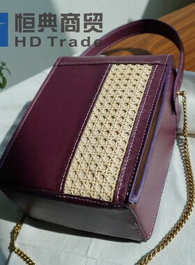 原创夹层纯手工休闲时尚手提葡萄紫色大容量方形编织包  恒典藤编