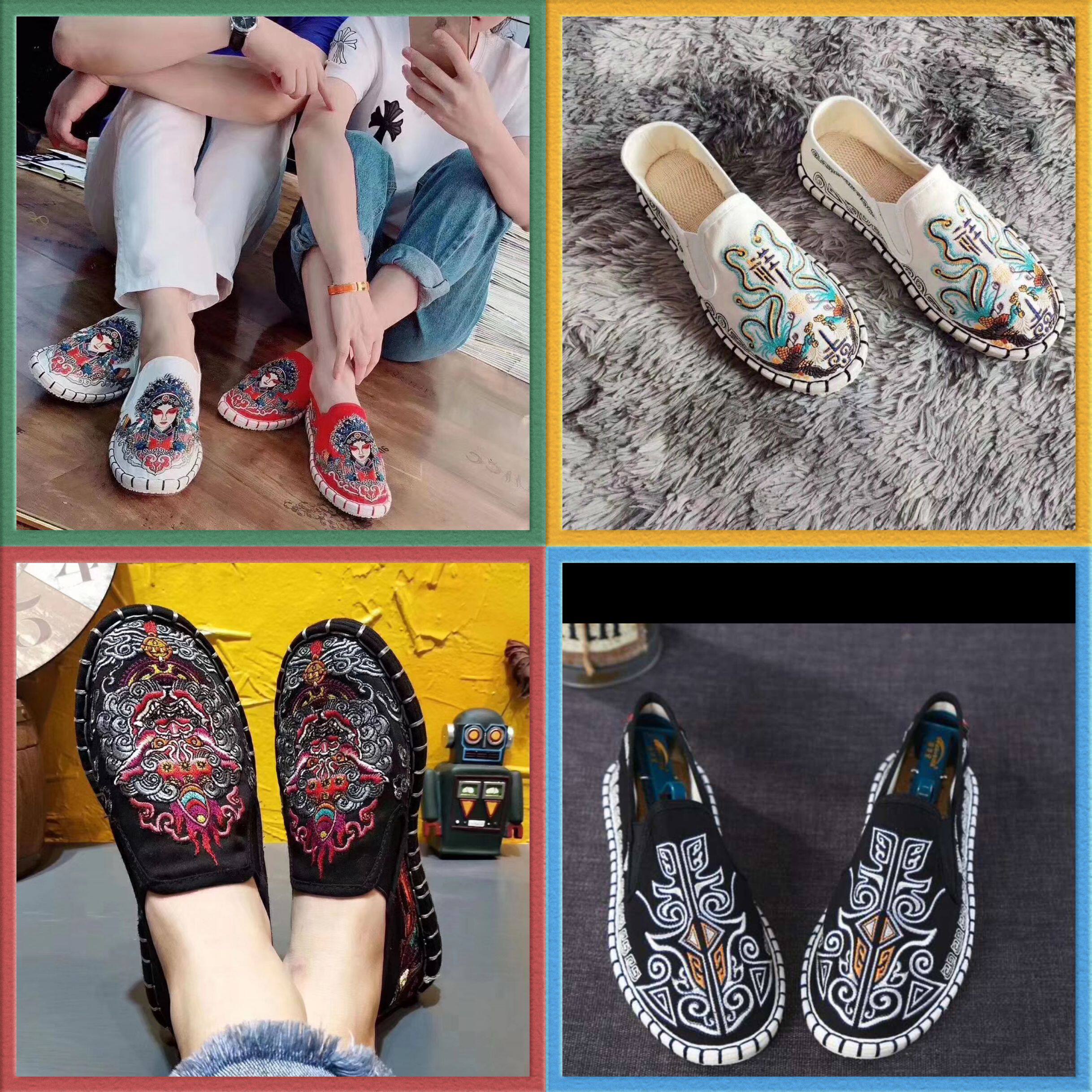 老北京布鞋精神小伙社会脸谱刺绣中国风色鬼豆豆懒人花一脚蹬男鞋