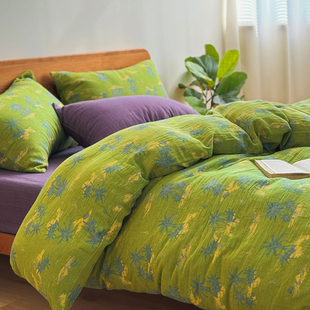 奶奶风森系绿植A类全棉色织提花双层纱床上四件套加大被套单件1.8