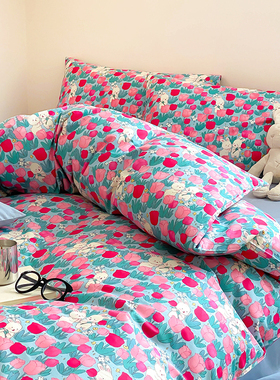 红色郁金香兔子被套单件纯棉单人宿舍150*200*230cm双人全棉被罩