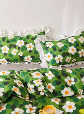 梦谷美家 荷叶边纯棉枕套一对装绿色48*74cm文艺单人花边款枕头套