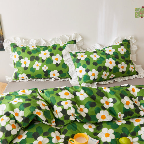 小清新花边款纯棉枕头套油画风