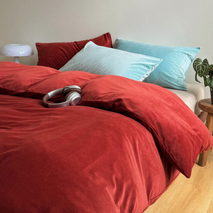 秋冬复古简约红色超细丝绒被套1.8m床上用品四件套牛奶绒床单被罩