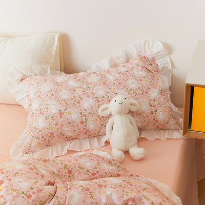 可爱粉色兔子枕头套纯棉荷叶边