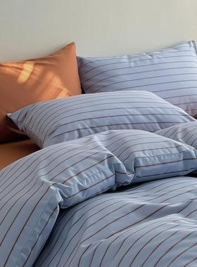 ins简约蓝色条纹全棉纯棉床品宿舍四件套被罩双人被套150x200x230