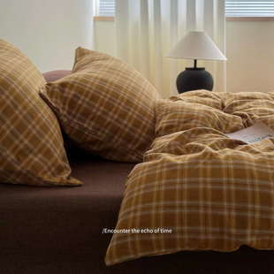 秋冬加厚A类复古色织双层纱格子全棉被套1.5米四件套单人学生被罩