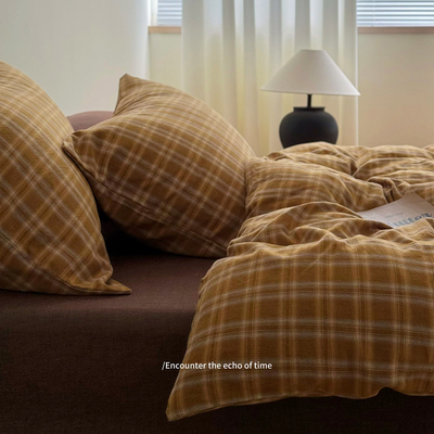 秋冬加厚复古色织双层纱格子被套