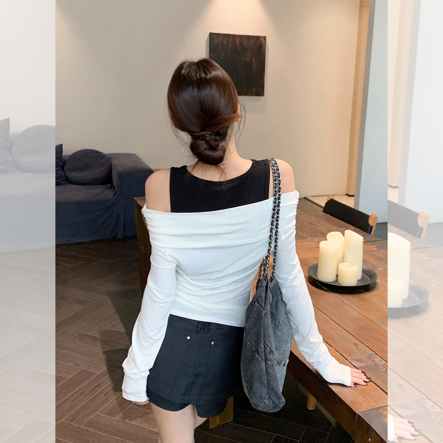 2025新款黑白拼接露肩长袖T恤上衣女2025秋常规款修身假两件上衣