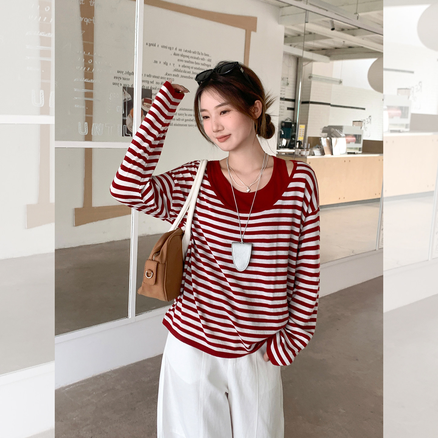 2025新款红白条纹拼接撞色长袖T恤女2025年秋新款纯欲风吊带背心
