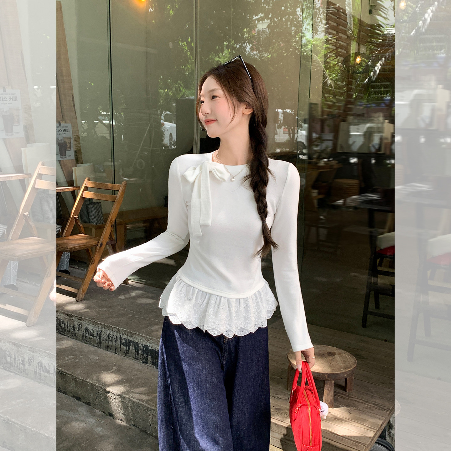2025新款法式蝴蝶结半高领打底衫女秋叠穿白色长袖T恤蕾丝边上衣