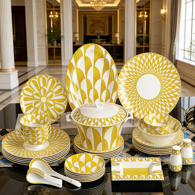 黄太阳光餐具平盘西餐盘咖啡杯大小盘骨瓷骨碟碗盘套装英式点心盘