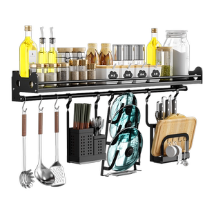 黑色厨房置物架壁挂式家用不锈钢调味料架碗碟收纳架刀架挂件套餐