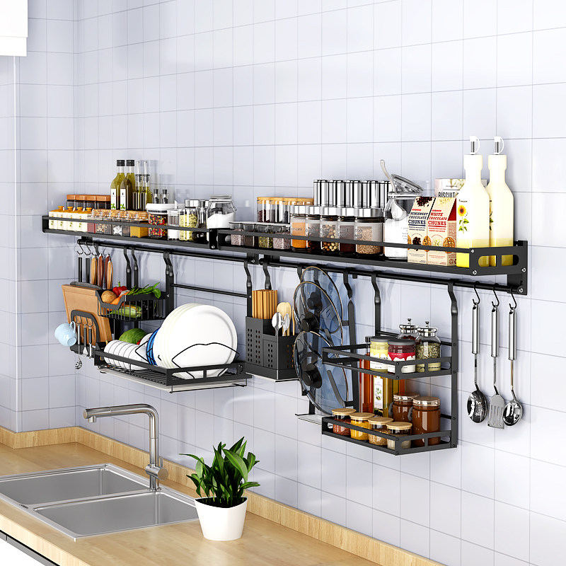 黑色厨房置物架壁挂式免打孔家用不锈钢收纳架碗盘多功能调味品架